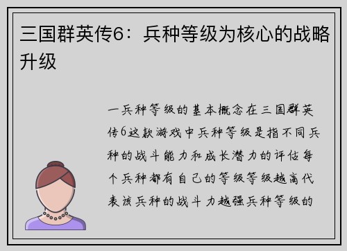 三国群英传6：兵种等级为核心的战略升级