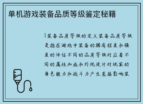 单机游戏装备品质等级鉴定秘籍