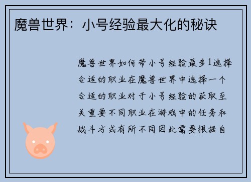 魔兽世界：小号经验最大化的秘诀